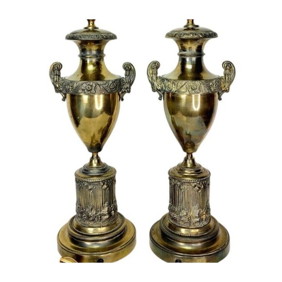 Antique Edwardian Brass Bronze Neoclassical Urn Trophy Parlor Lamps Gold Floral - Picture 3 of 7